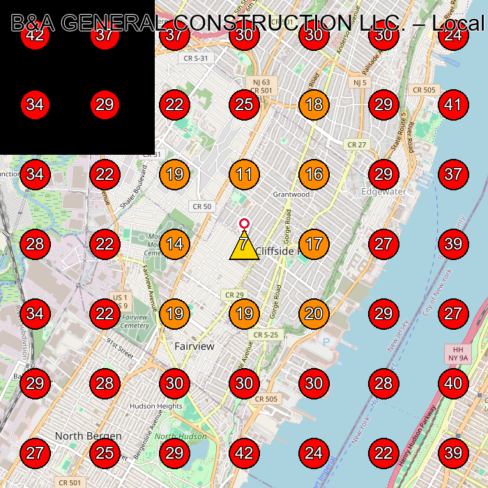 B&A GENERAL CONSTRUCTION LLC. GeoGrid visibility map for Contratista General in Fairview